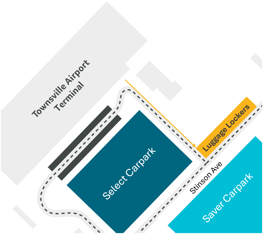 Map showing the location of luggage lockers outside Townsville Airport Terminal, next to the Select Carpark and Saver Carpark on Stinson Avenue.