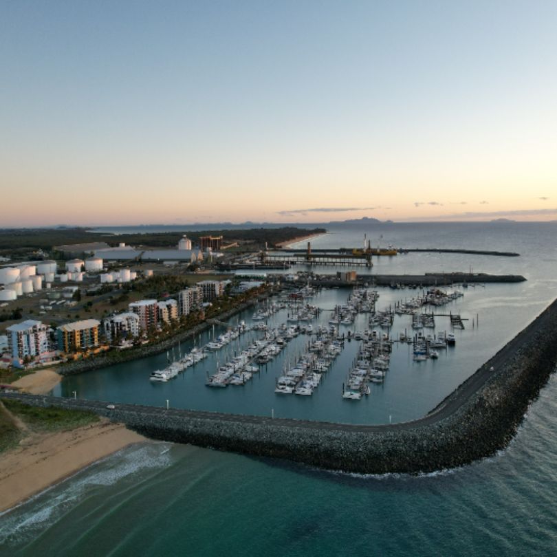 Aerial sunrise over the marine filled with yachts at Mackay