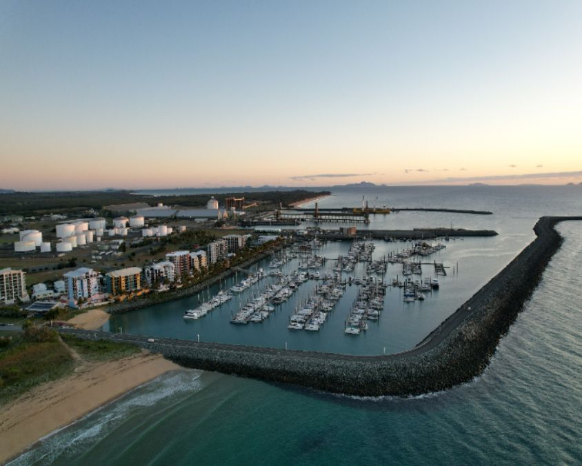 Aerial sunrise over the marine filled with yachts at Mackay